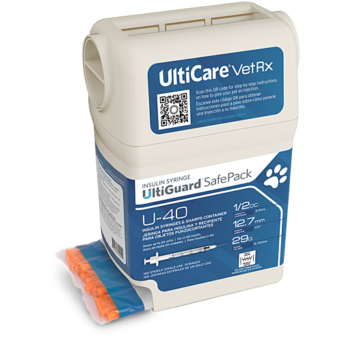 UltiCare VetRx UltiGuard Safe Pack U-40 Insulin Syringes 1/2 mL/cc 12.7mm (1/2") x 29G Half Unit Marking