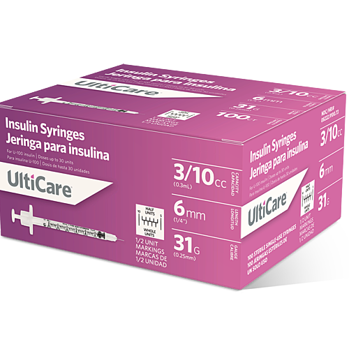 UltiCare U-100 Insulin Syringes 3/10 mL/cc 6mm (1/4") x 31G Half Unit Marking