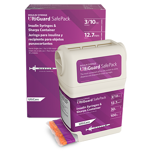UltiGuard Safe Pack Sharps Container & Mail-Back Disposal Kit U-100 Insulin Syringes 3/10 mL/cc 12.7mm (1/2") x 30G
