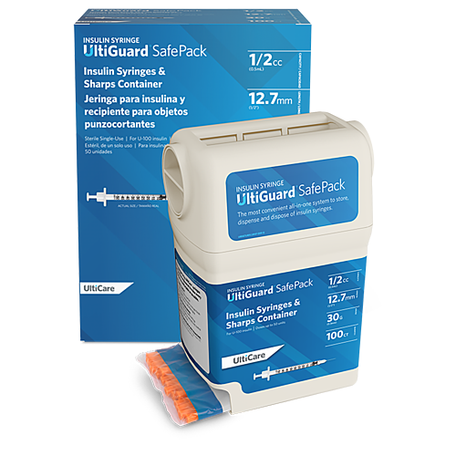 UltiGuard Safe Pack Sharps Container & Mail-Back Disposal Kit U-100 Insulin Syringes 1/2 mL/cc 12.7mm (1/2") x 30G