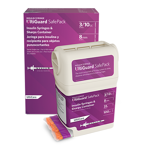UltiGuard Safe Pack Sharps Container & Mail-Back Disposal Kit U-100 Insulin Syringes 3/10 mL/cc 8mm (5/16") x 31G