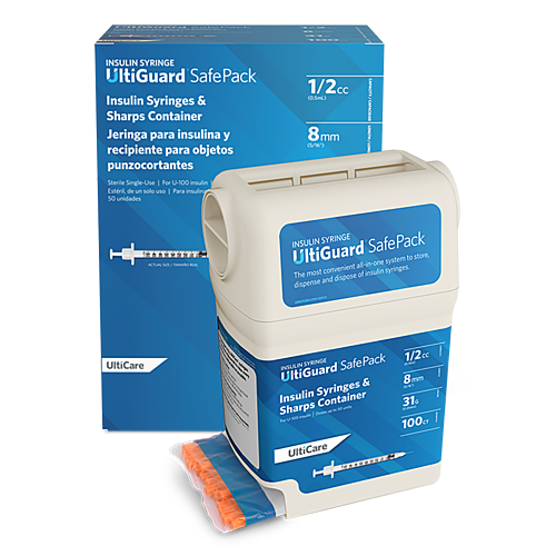 UltiGuard Safe Pack Sharps Container & Mail-Back Disposal Kit U-100 Insulin Syringes 1/2 mL/cc 8mm (5/16") x 31G